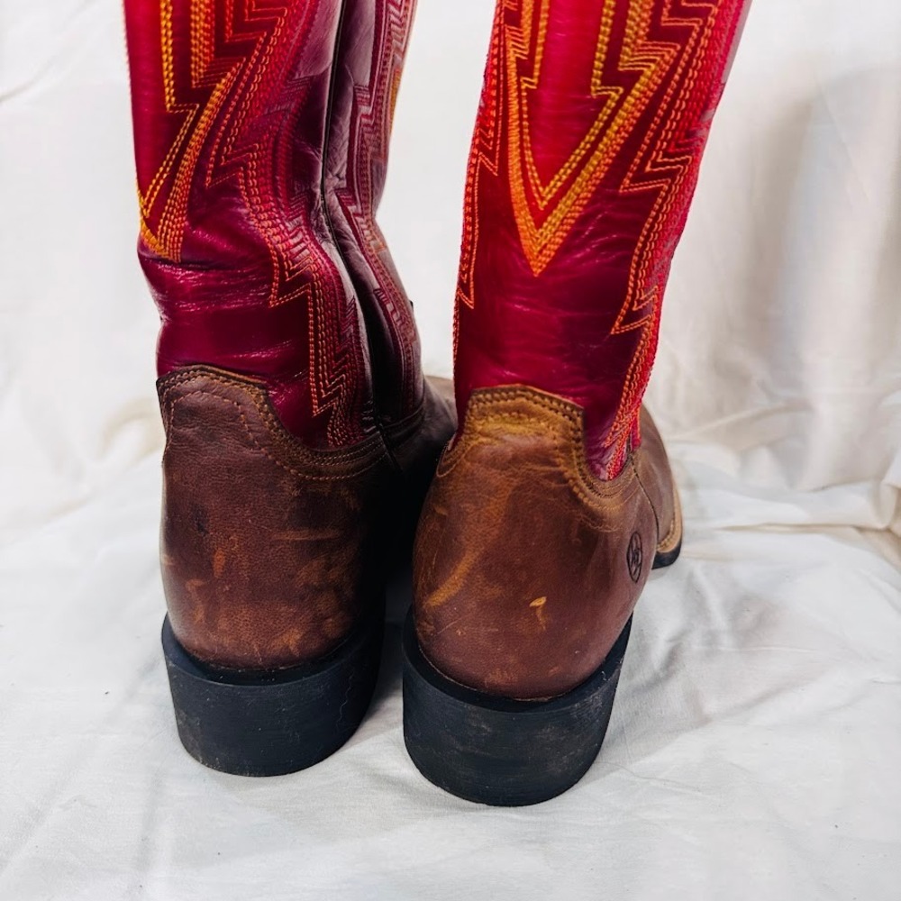 Ariat Womens Cowboy Boots Brown Leather Red Shaft Square Toe Western Rodeo Sz8.5 - Picture 5 of 7